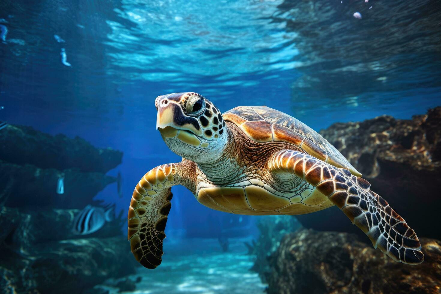 AI generated Hawaiian Green Sea Turtle Chelonia mydas, Hawksbill Turtle in deep sea, AI Generated photo