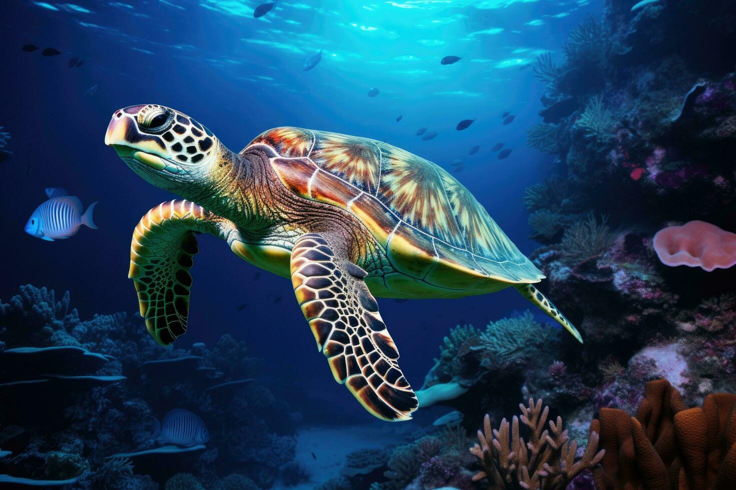 AI generated Green sea turtle in the coral reef. 3d render illustration, Hawksbill Turtle in deep sea, AI Generated photo