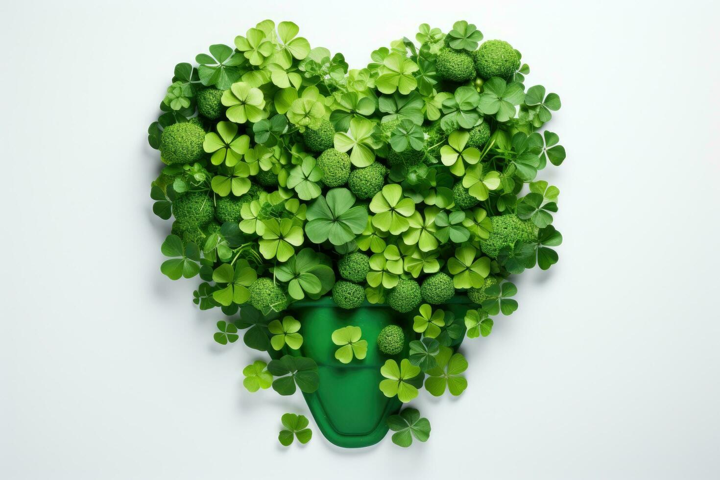 AI generated Green heart made of clover leaves on white background. St. Patrick's Day concept, Happy st patricks day decoration concept made from shamrock, AI Generated photo