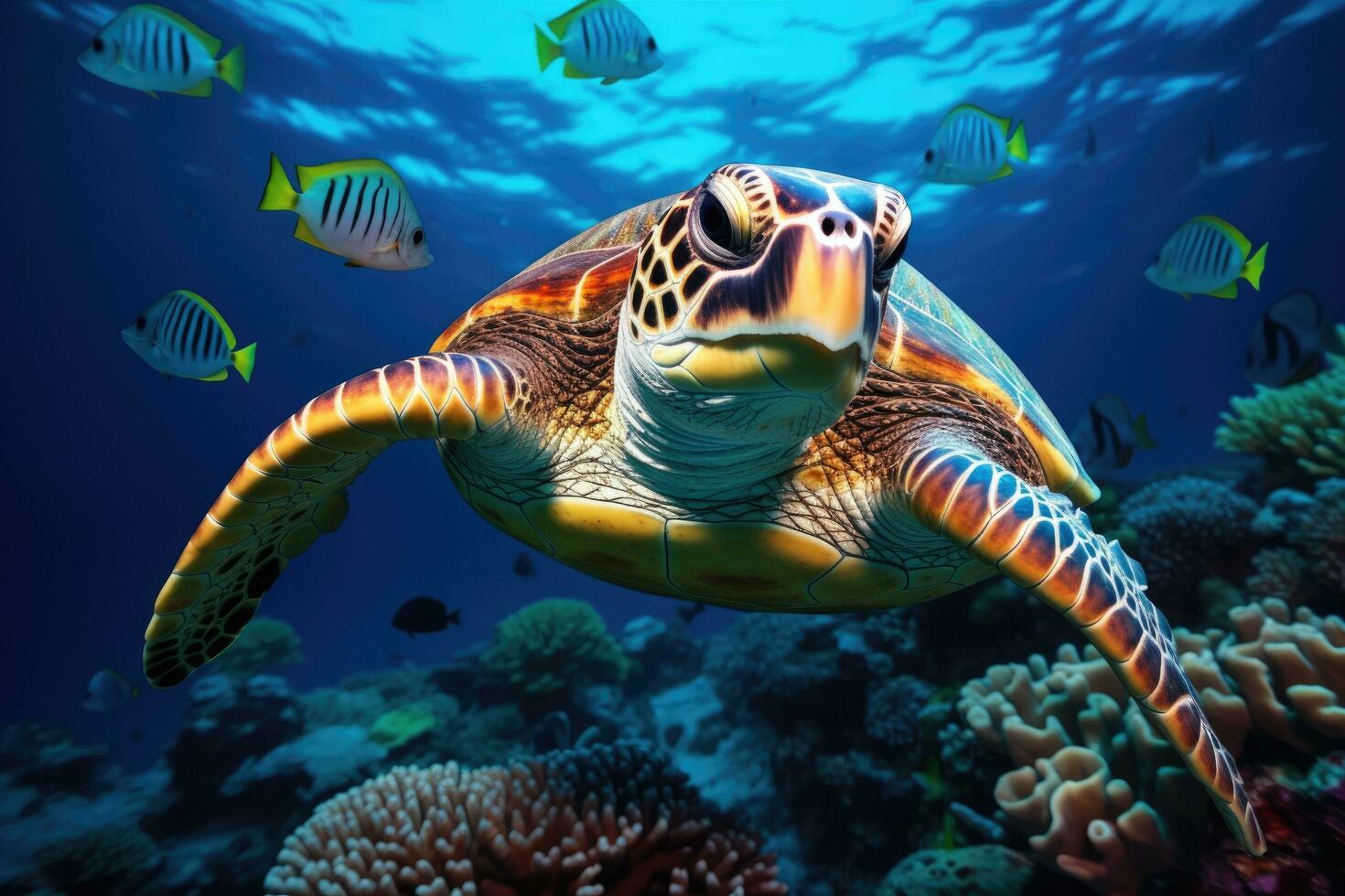AI generated Hawaiian Green Sea Turtle Chelonia mydas in the Red Sea, Hawksbill Turtle in deep sea, AI Generated photo