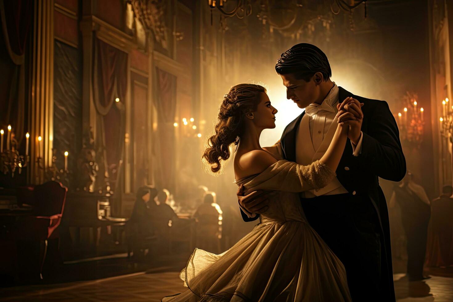 ai generado hermosa joven Pareja bailando en el antiguo castillo. retro estilo, ai generado foto