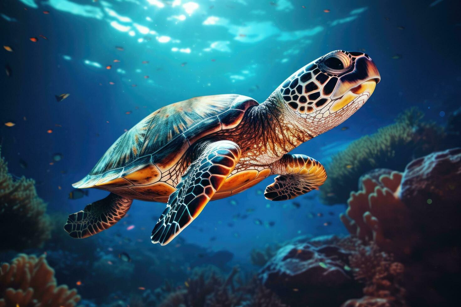 AI generated Green sea turtle swimming in the deep blue ocean. Underwater world, Hawksbill Turtle in deep sea, AI Generated photo