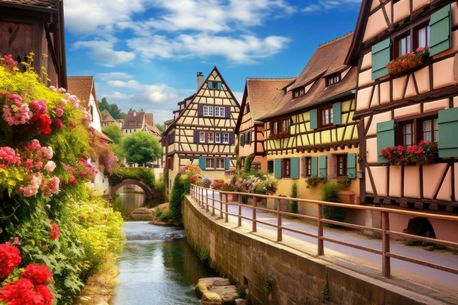 AI generated Colorful half-timbered houses in Petite France, Strasbourg, Alsace, France, A charming, cobblestoned European village with bright, quaint houses, AI Generated photo