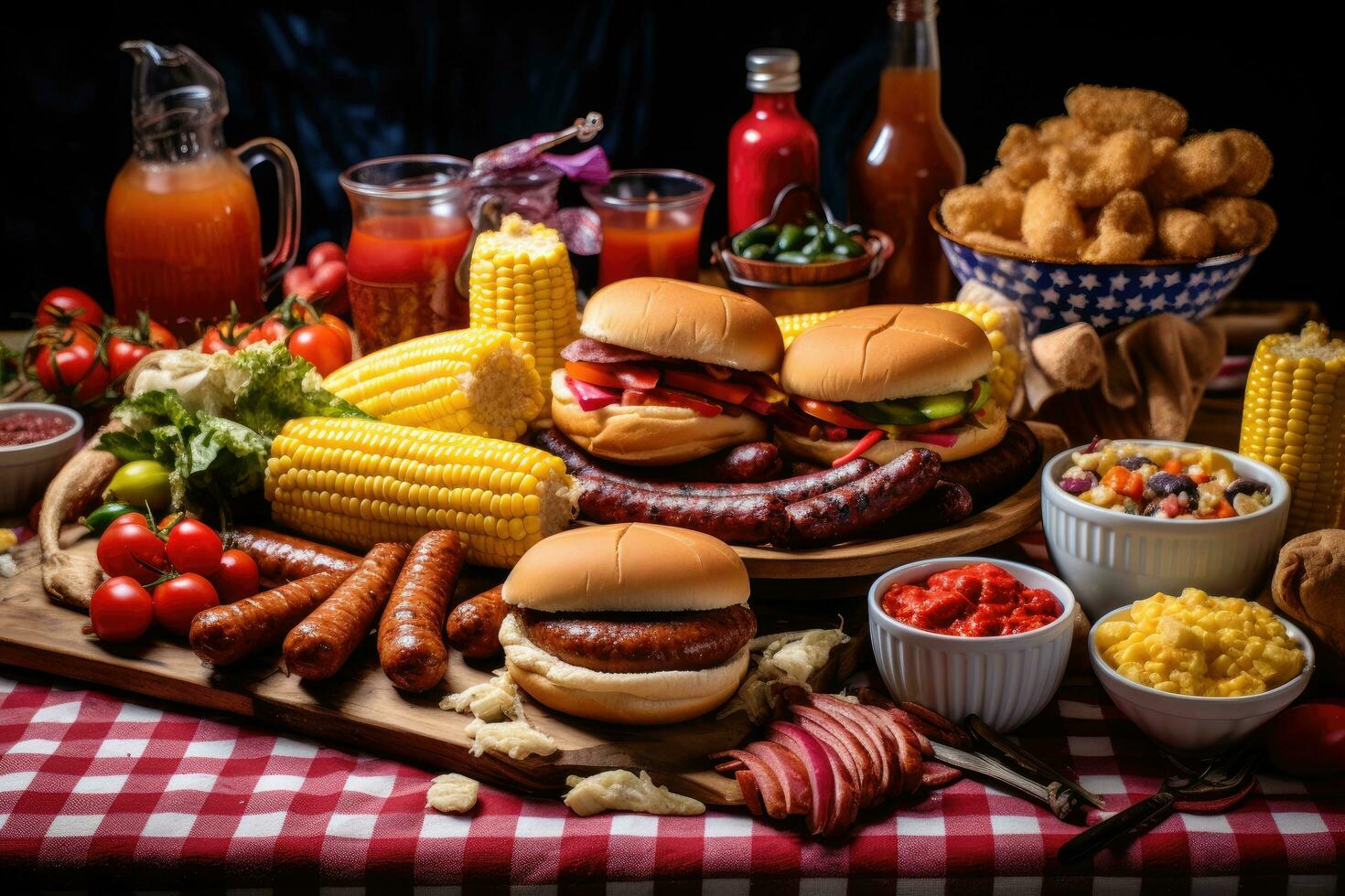 AI generated Variety of fast food including hamburgers, sausages, pickles, chips and vegetables, A barbecue with juicy burgers, hotdogs, and corn, AI Generated photo