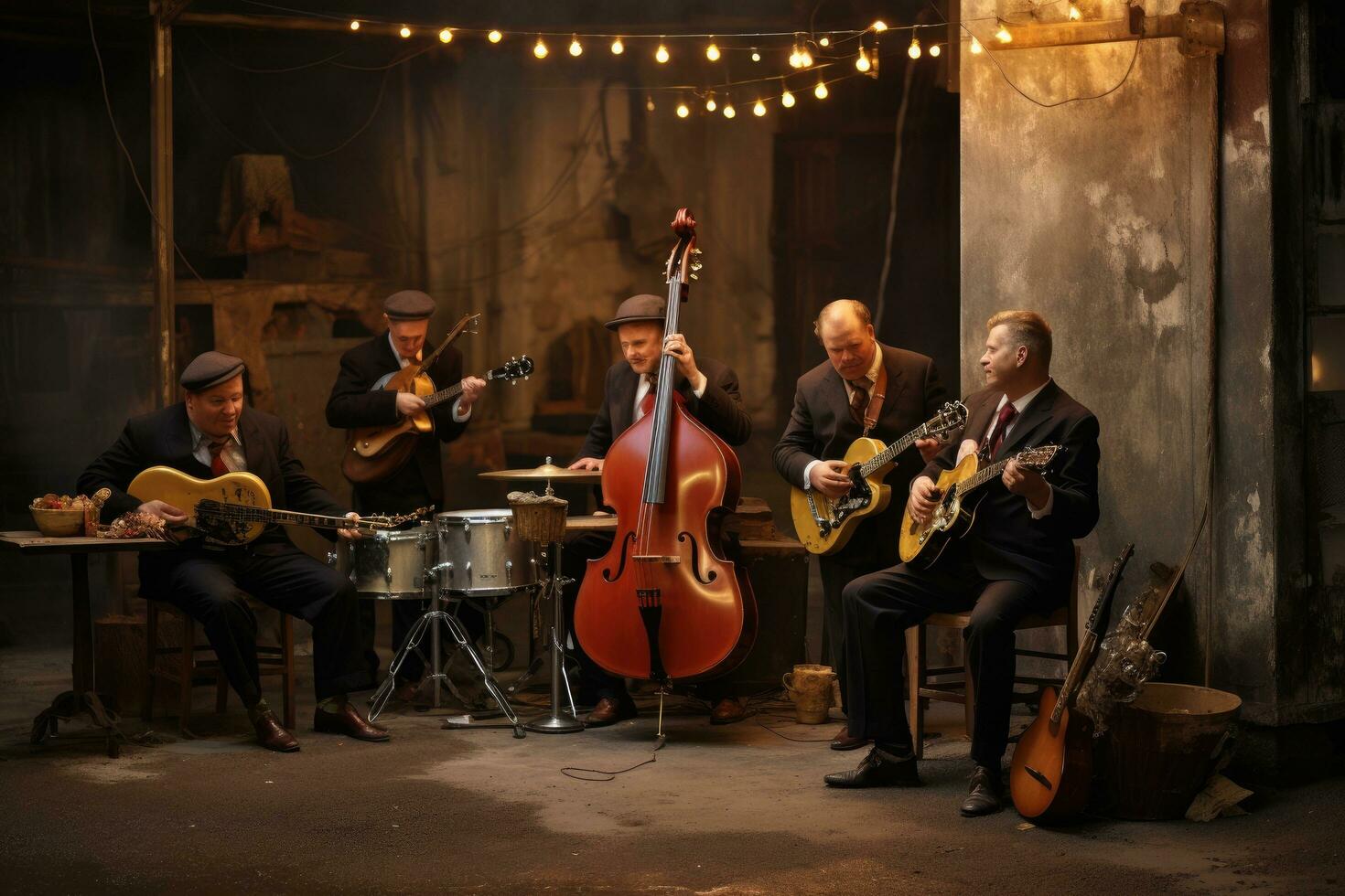 ai generado calle músicos jugando música, jazz banda jugando en un rústico escenario, ai generado foto