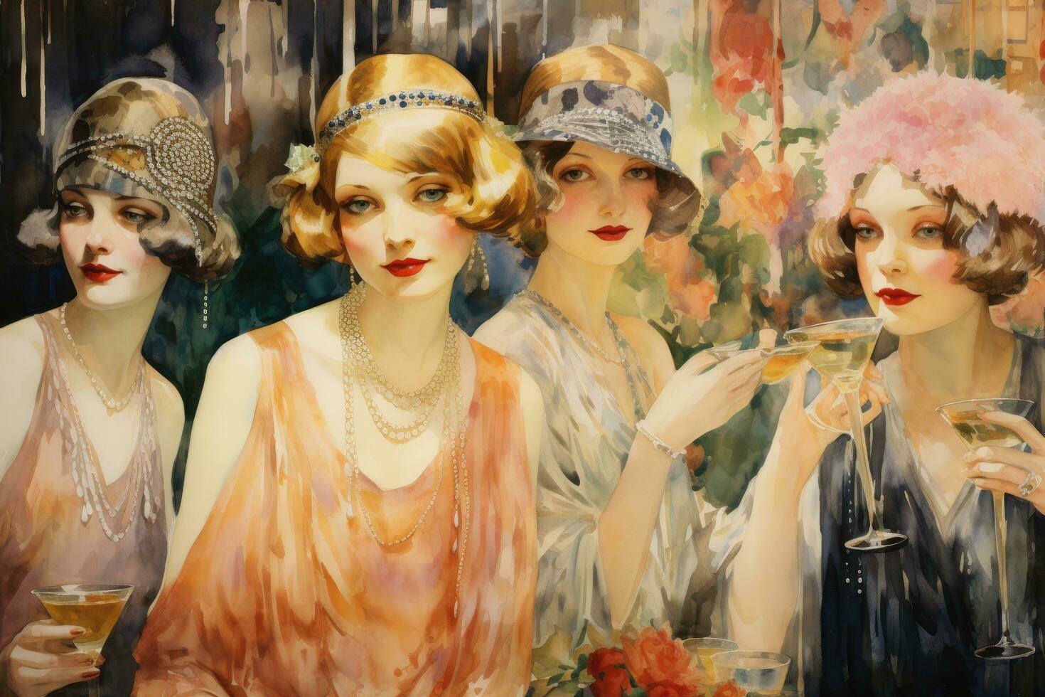 AI generated Vintage portrait of beautiful women with a glass of champagne. Retro style, 1920s flapper women at a vibrant party, AI Generated photo