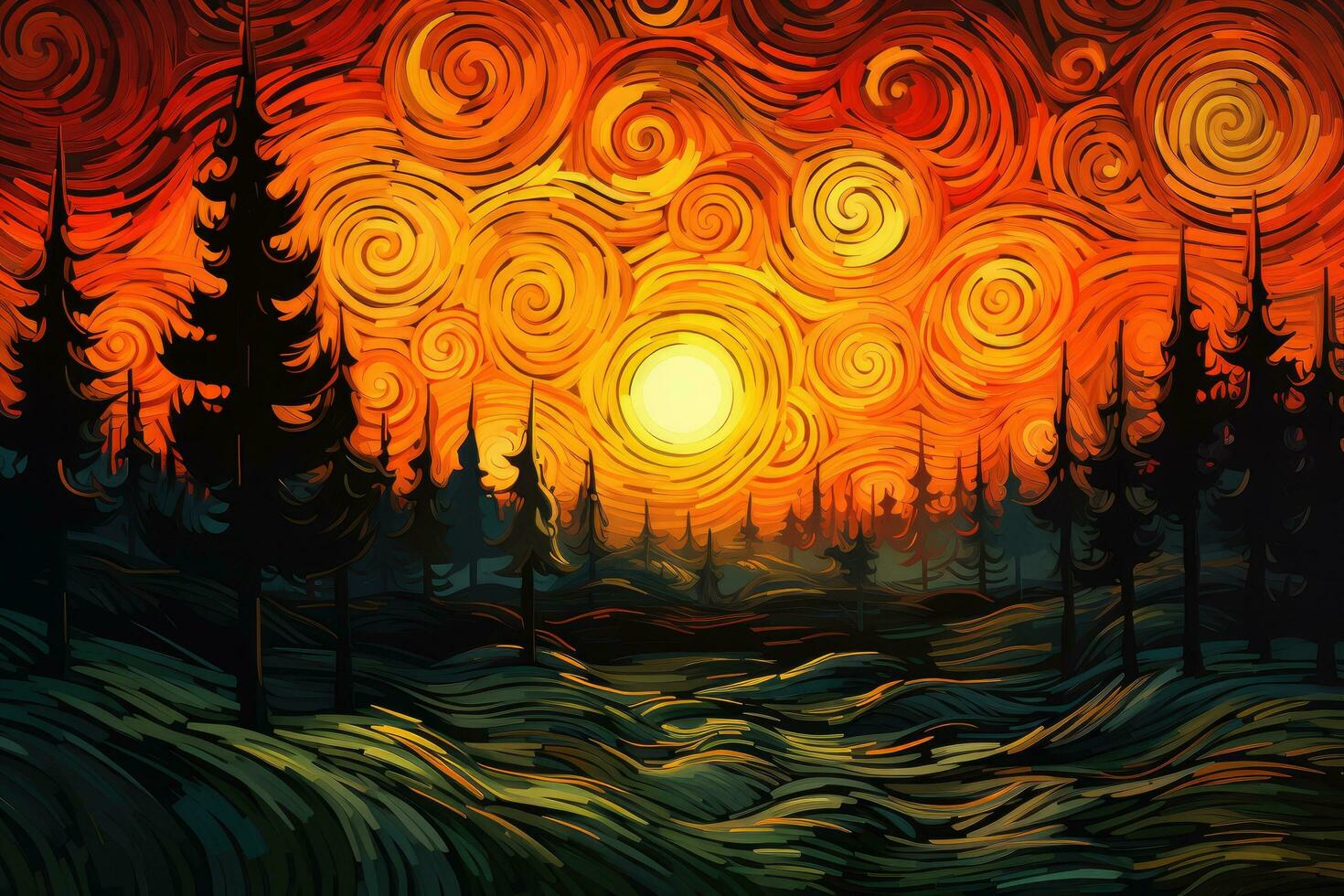 AI generated Beautiful sunset in a pine forest. Colorful abstract painting, Forest landscape with a swirling orange sky, an empty colorful background, resembling a Van Gogh style painting photo