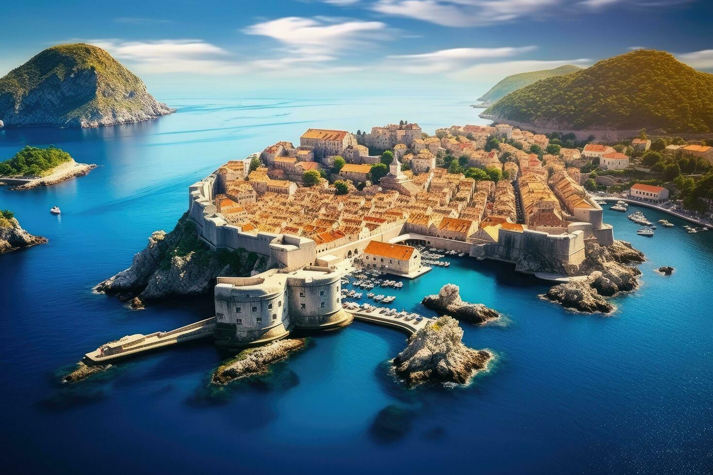 AI generated Dubrovnik old town on the Adriatic Sea in Croatia, Dubrovnik landscape, Aerial view of the famous European travel destination in Croatia, Dubrovnik old town, AI Generated photo