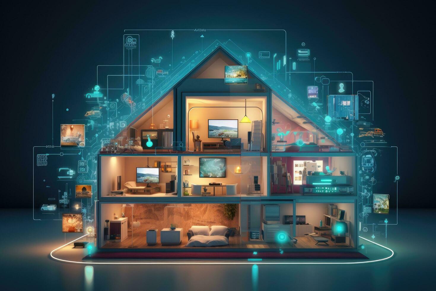 AI generated 3D rendering of a house connected to a network of virtual images, Explore the concept of the Internet of Things through an image showcasing a smart home with various connected devices photo