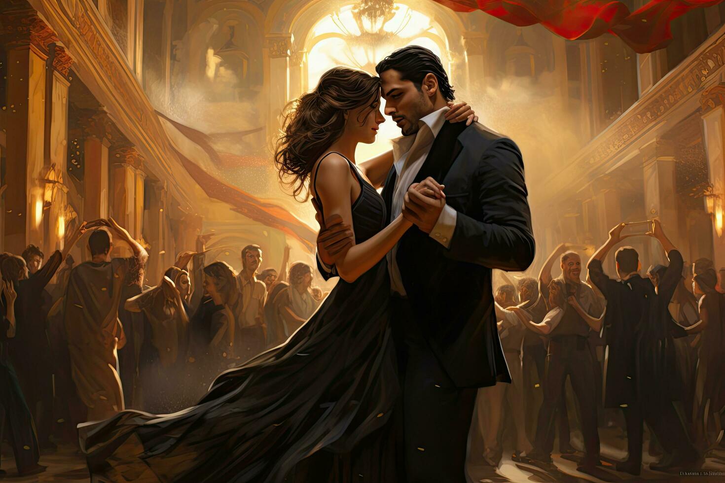 ai generado Pareja en amor bailando tango en un Clásico interior. 3d representación, ai generado foto