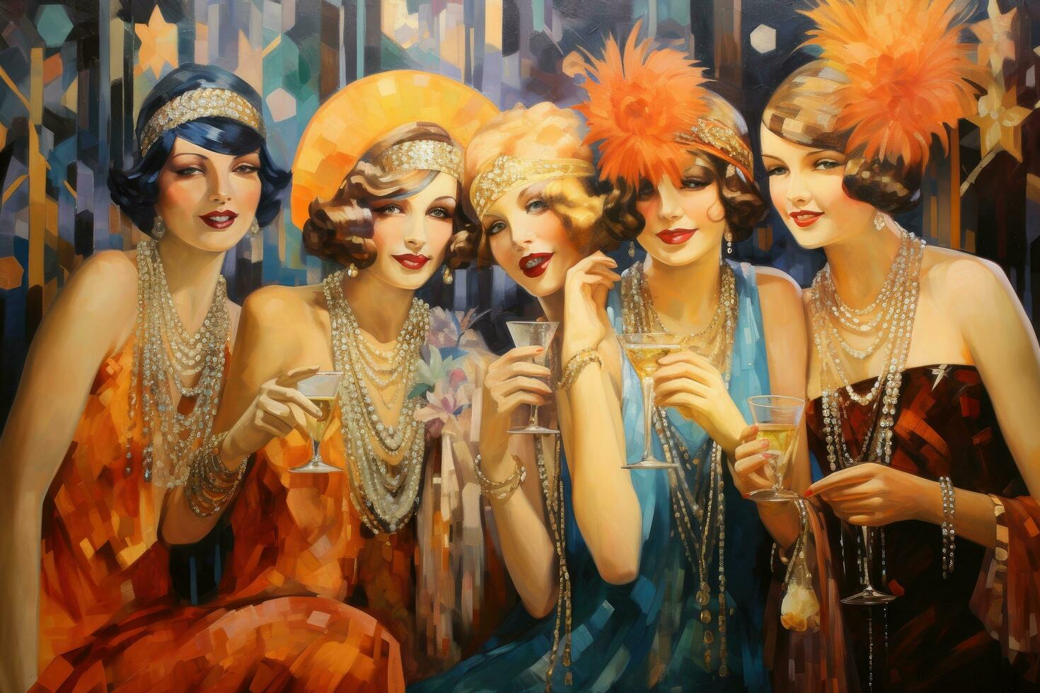 AI generated Beautiful women with champagne glasses in the interior of a restaurant, 1920s flapper women at a vibrant party, AI Generated photo