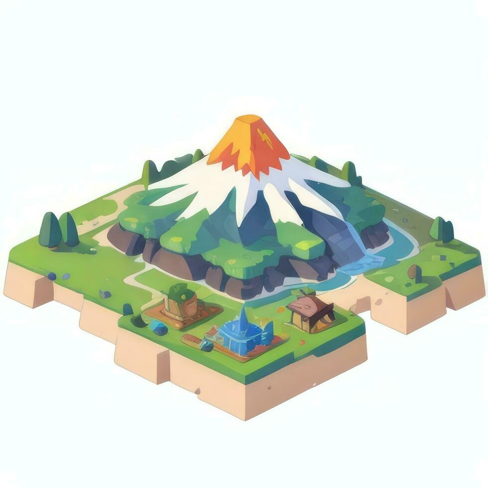 AI generated Isometric 3D Volcano on Island Icon Clip Art Sticker Decoration Simple Background photo