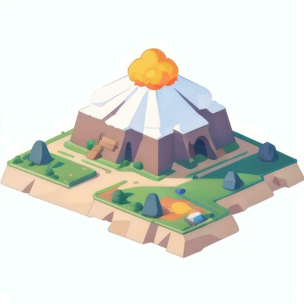 AI generated Isometric 3D Volcano on Island Icon Clip Art Sticker Decoration Simple Background photo