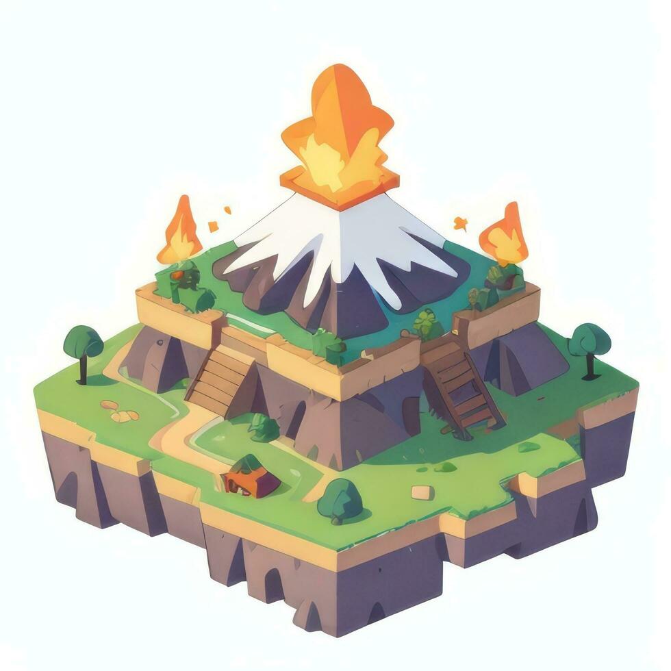 AI generated Isometric 3D Volcano on Island Icon Clip Art Sticker Decoration Simple Background photo