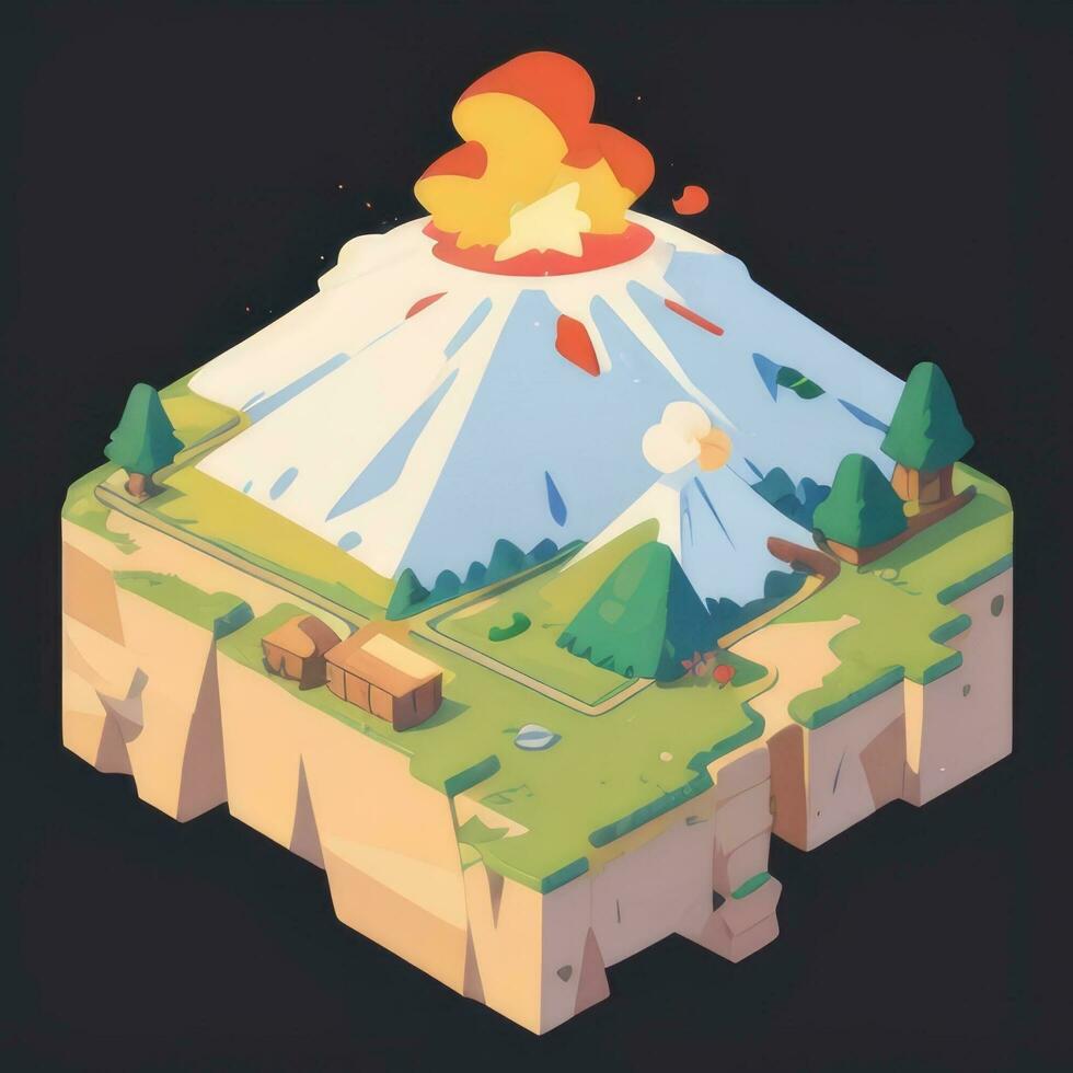 AI generated Isometric 3D Volcano on Island Icon Clip Art Sticker Decoration Simple Background photo