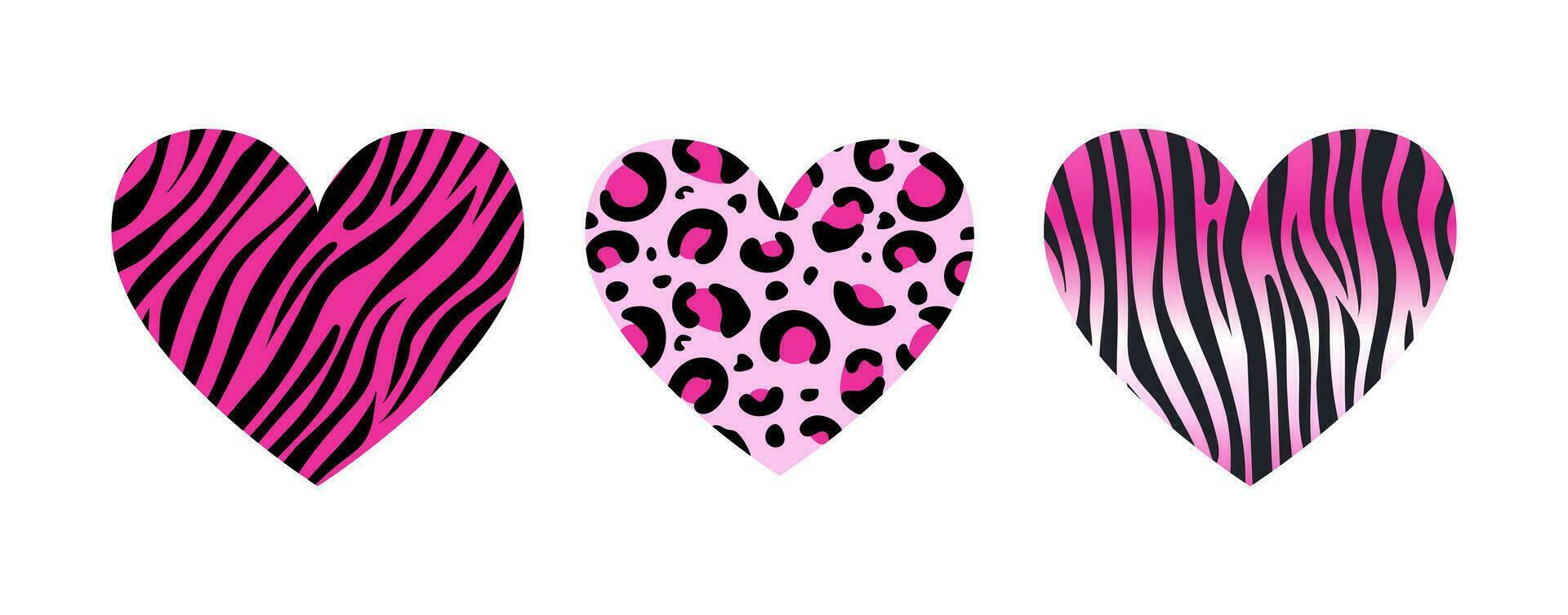 Set of hearts for Valentines Day. trendy pink color. Y2k style. With animalistic pattern. Zebra, leopard, tiger. Safari. For stickers, posters, postcards, design elements vector