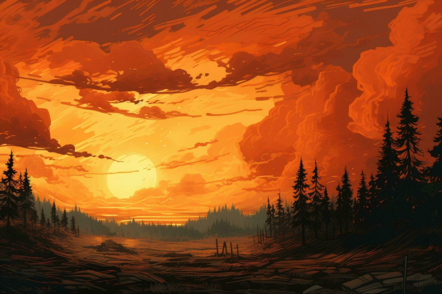 AI generated Fantasy landscape with forest and sunset. Digital painting. Vector illustration, Forest landscape with a swirling orange sky, an empty colorful background, resembling a Van Gogh style photo