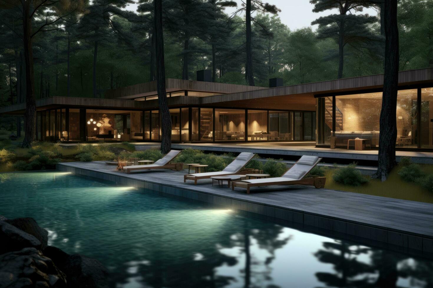 AI generated 3d rendering of modern cozy house with pool and parking for sale or rent in luxurious style. Luxury house in the forest, Forest Inviting Retreat, a contemporary residence luxury villa photo