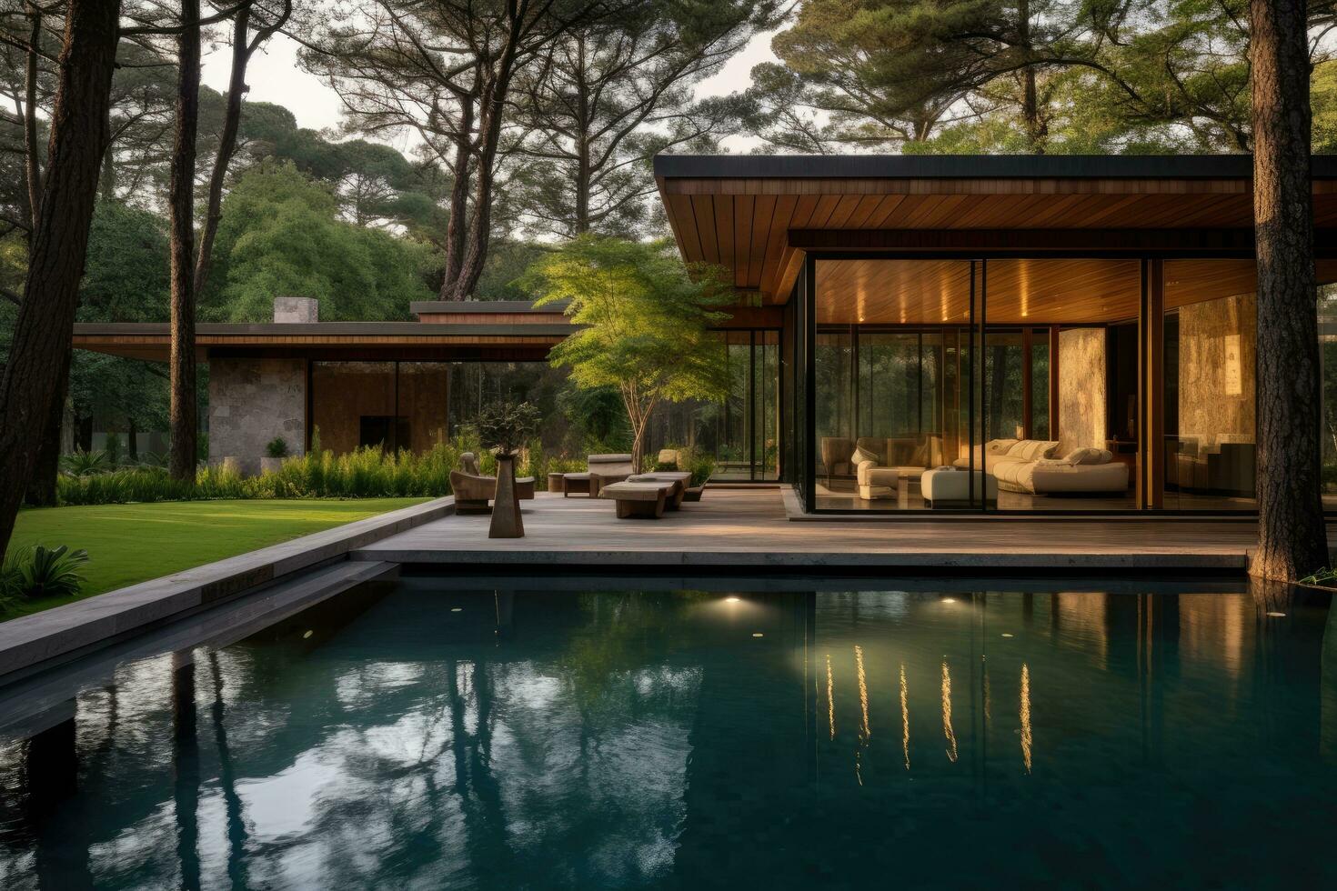 AI generated 3d rendering of modern cozy house with pool and parking for sale or rent in luxurious style and beautiful landscaping on background. Clear summer evening with golden light from photo