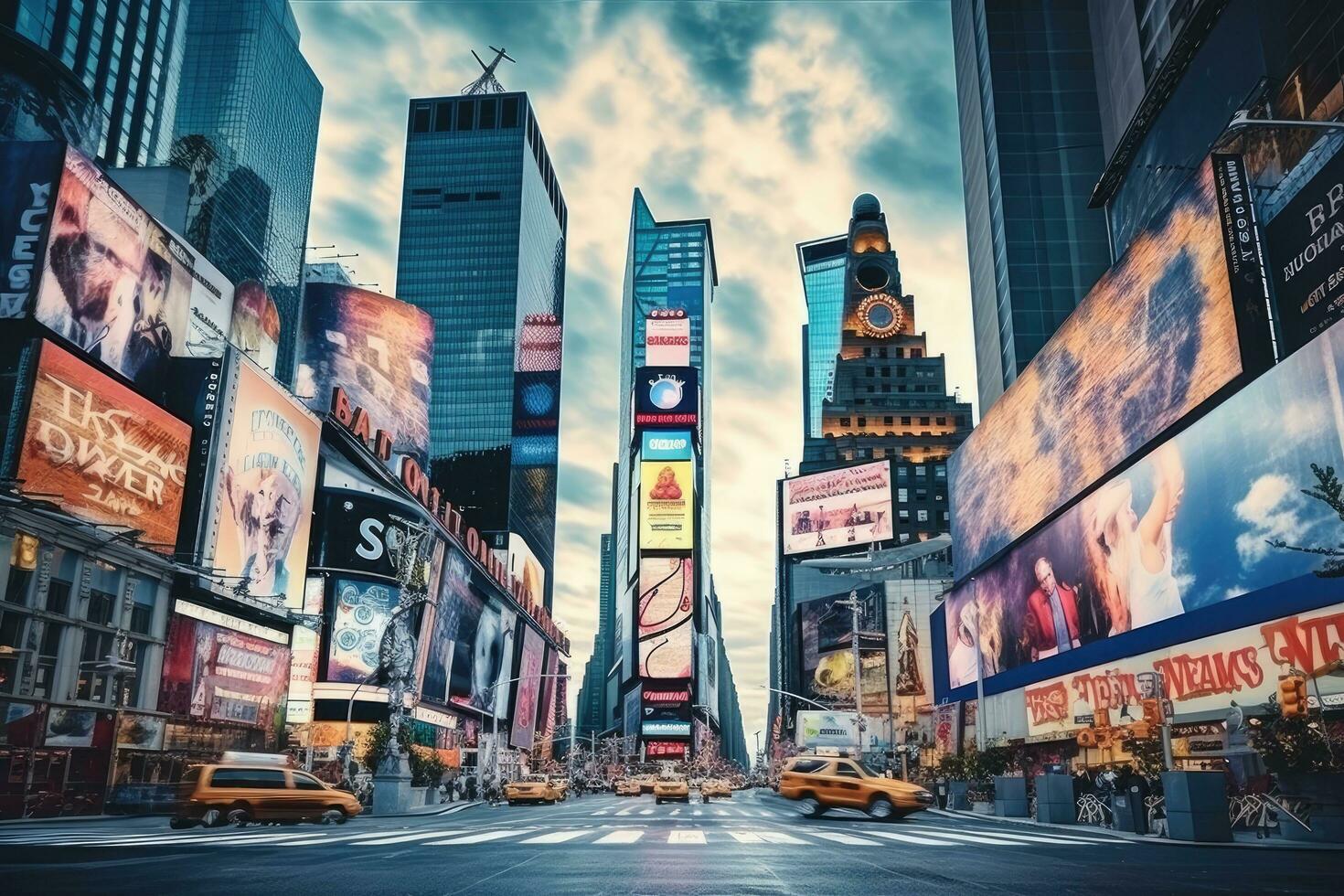 ai generado s cuadrado, Destacados con Broadway teatros y enorme número de LED señales, es un símbolo de nuevo York ciudad y el unido estados, famoso veces cuadrado punto de referencia en nuevo York céntrico con burlarse de foto