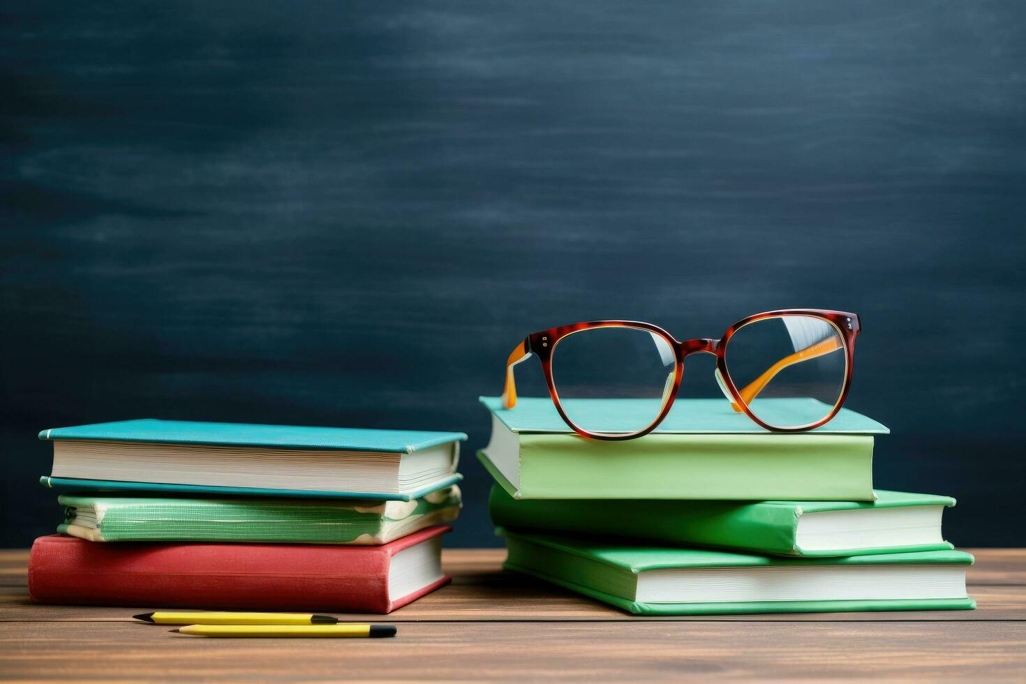 AI generated Stack of books with apple and eyeglasses on table in classroom, Glasses, teacher books, and a stand with pencils on the table, on the background of a blackboard with chalk, The photo