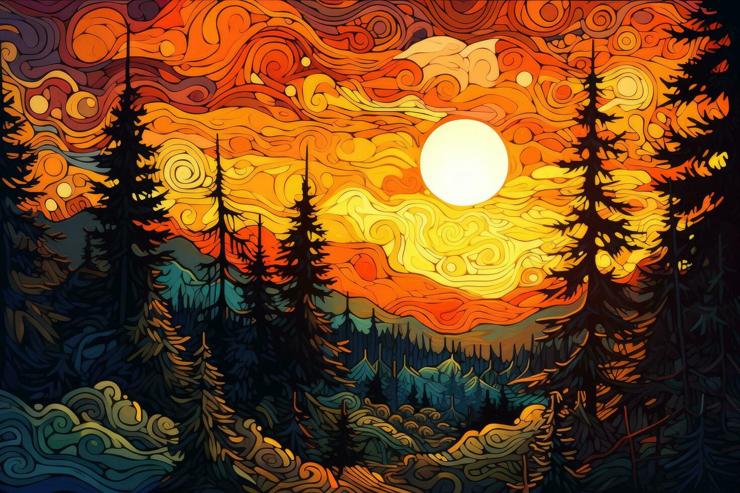 ai generado puesta de sol en el bosque. vistoso vector ilustración para tu diseño, bosque paisaje con un arremolinándose naranja cielo, un vacío vistoso fondo, parecido a un camioneta gogh estilo pintura foto