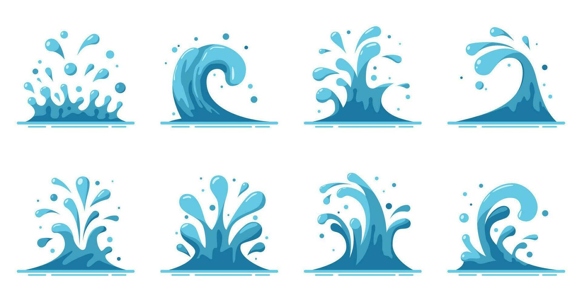 Splashes and sprinkles of water set isolated on white background. Blue water motion effects, flows, streams, spills. Falling aqua drops. Sea or ocean waves and swirl. Vector illustration.