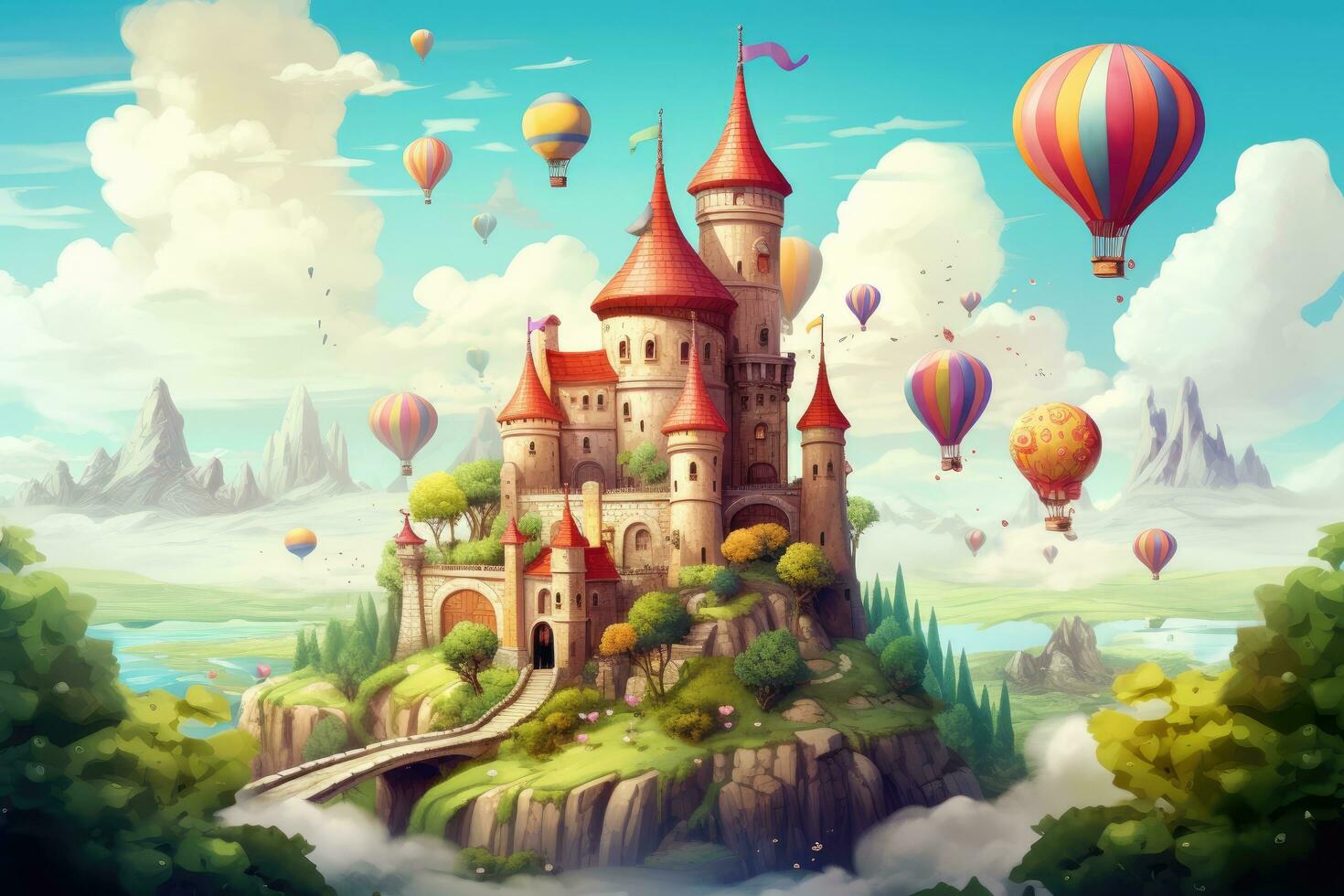 AI generated Fantasy landscape with castle and hot air balloons flying in the sky, A fairy tale castle with floating balloons and cute cartoon creatures, AI Generated photo