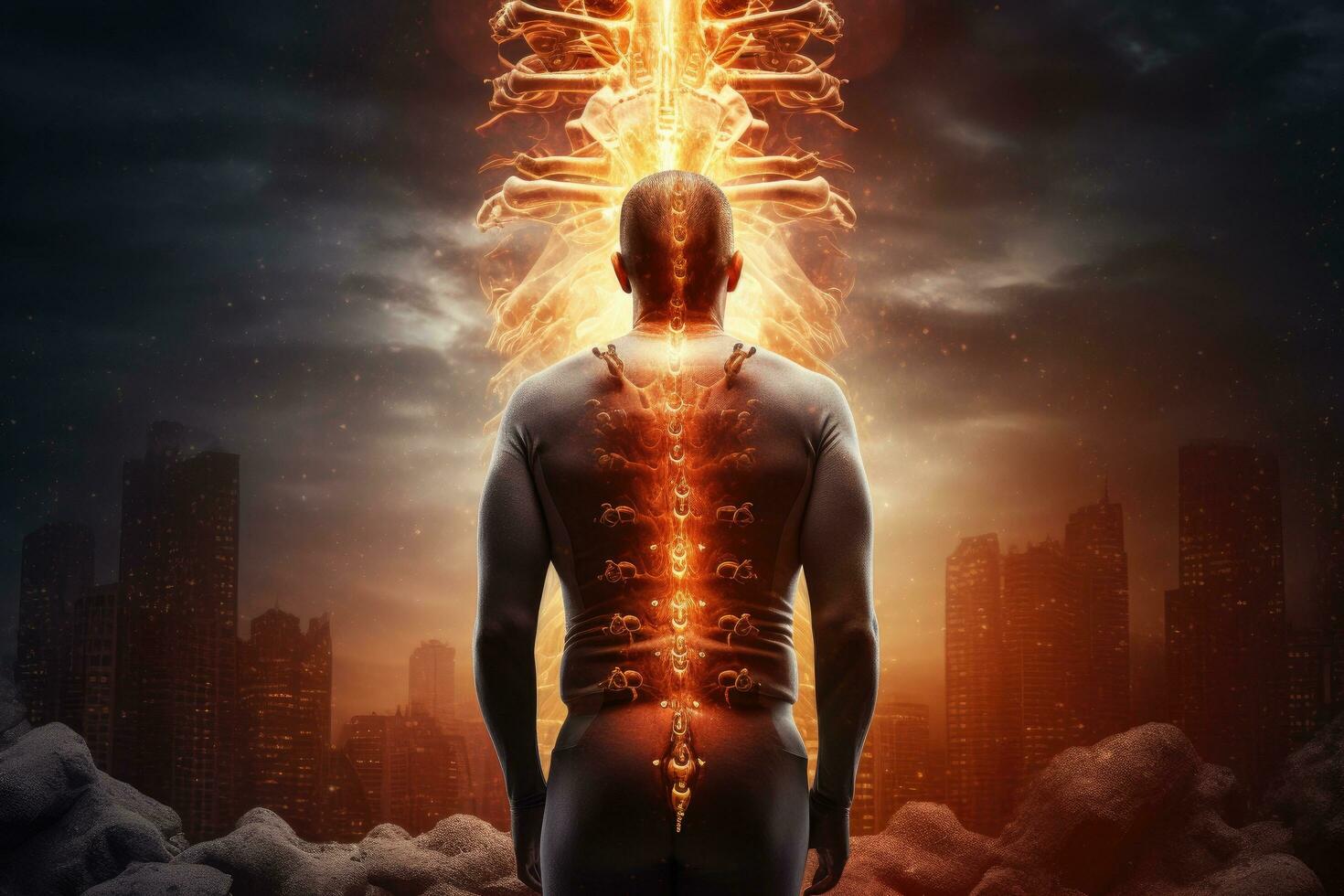 AI generated Digital composite of highlighted human body with lightning over city and sky background, Digital composite highlighting the spine of a woman in rear view with back pain, AI Generated photo