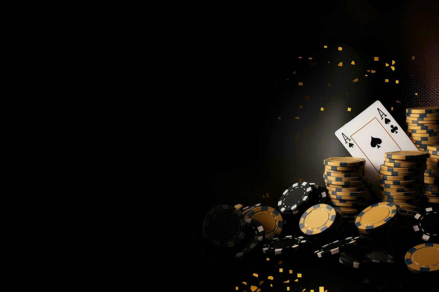 AI generated Casino theme playing cards, chips and golden coins on black background, Concept of casino game poker, card playing, gambling chips in a black and gold style banner backdrop background photo