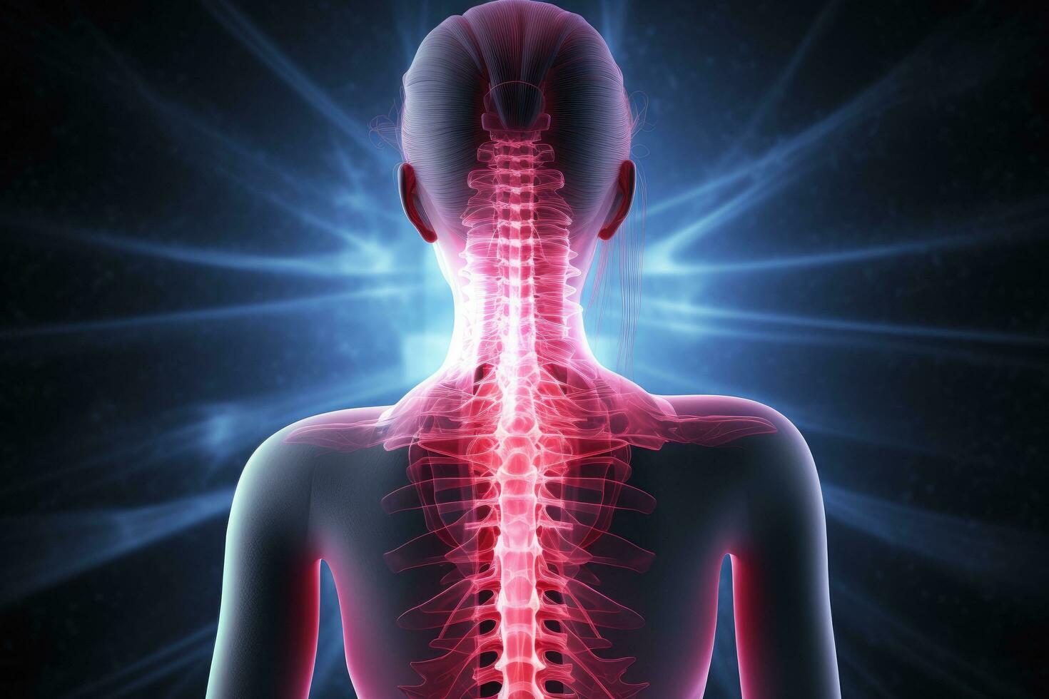 AI generated Digital composite of highlighted human spine against blue background with blue glowing dots, Digital composite highlighting the spine of a woman in rear view with back pain, AI Generated photo