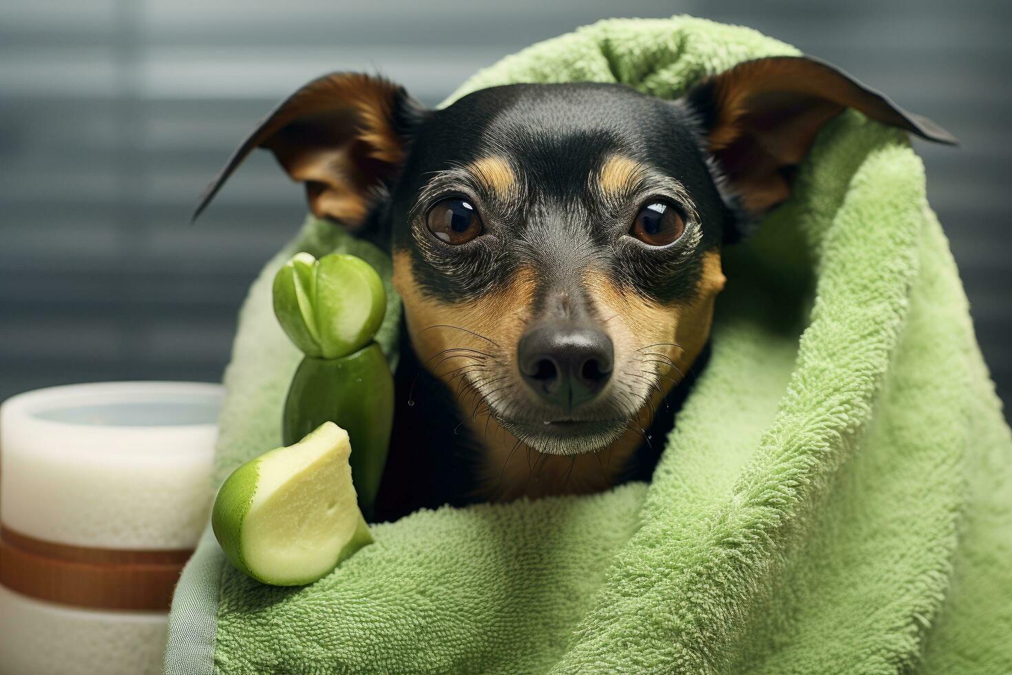 ai generado linda pequeño perro con Pepino y jabón en un bañera toalla, linda perro relajado desde spa procedimientos en el cara con pepino, cubierto con un toalla, ai generado foto