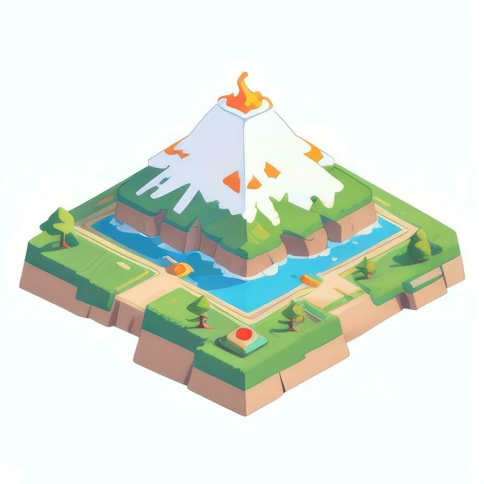 AI generated Isometric 3D Volcano on Island Icon Clip Art Sticker Decoration Simple Background photo