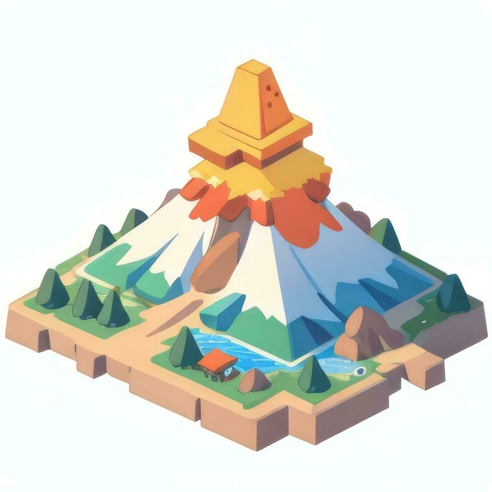 AI generated Isometric 3D Volcano on Island Icon Clip Art Sticker Decoration Simple Background photo