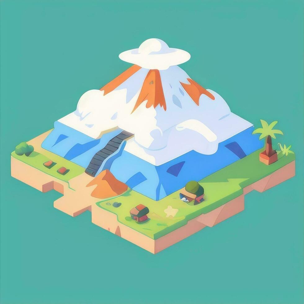 AI generated Isometric 3D Volcano on Island Icon Clip Art Sticker Decoration Simple Background photo