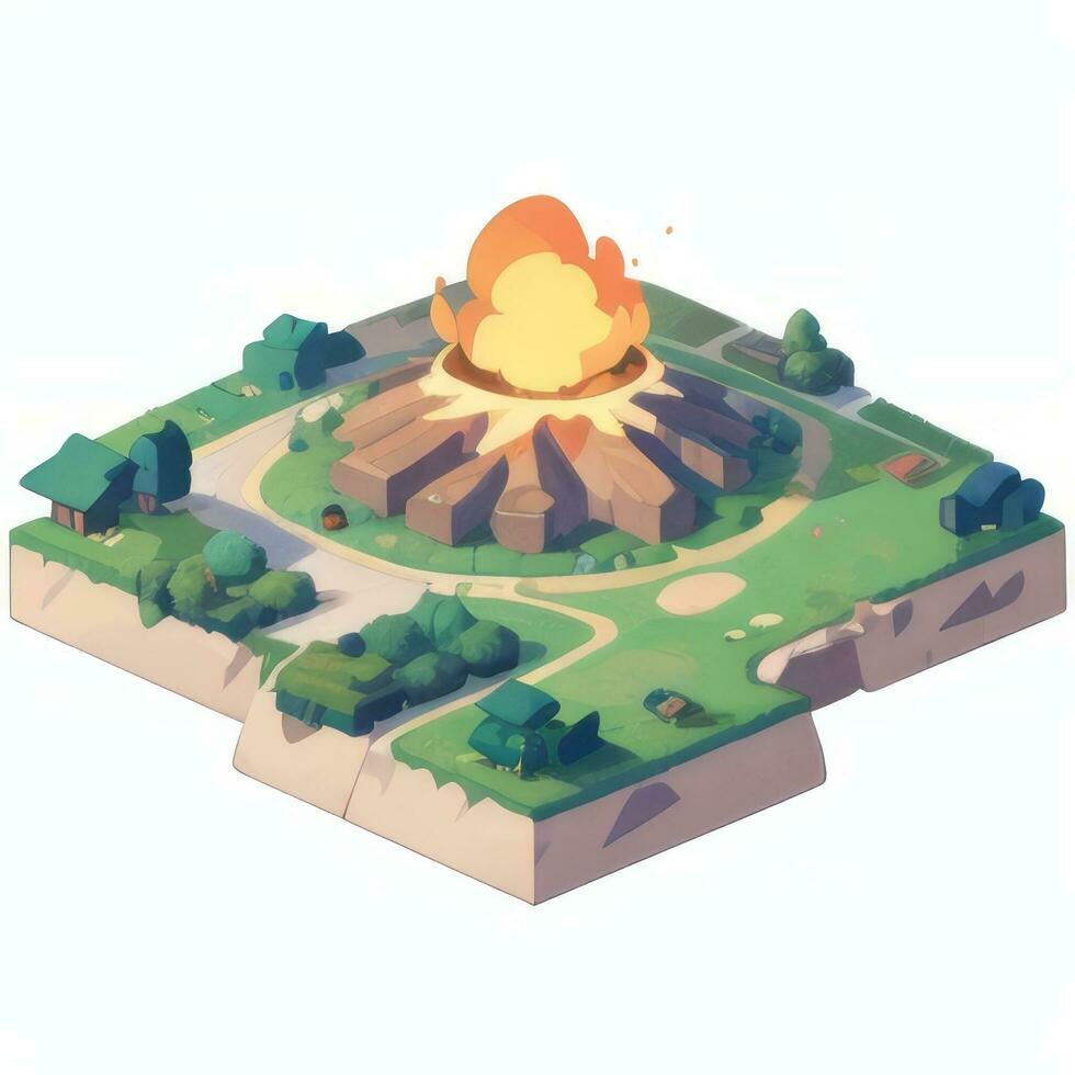 AI generated Isometric 3D Volcano on Island Icon Clip Art Sticker Decoration Simple Background photo