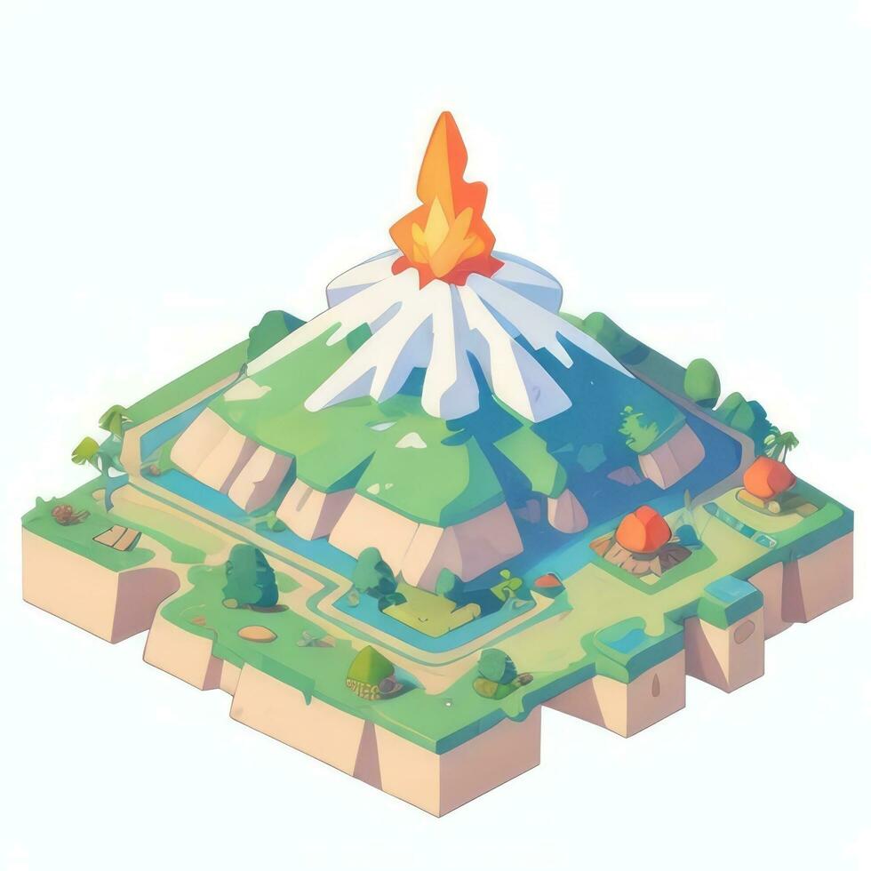 AI generated Isometric 3D Volcano on Island Icon Clip Art Sticker Decoration Simple Background photo