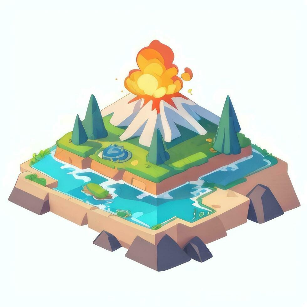 AI generated Isometric 3D Volcano on Island Icon Clip Art Sticker Decoration Simple Background photo