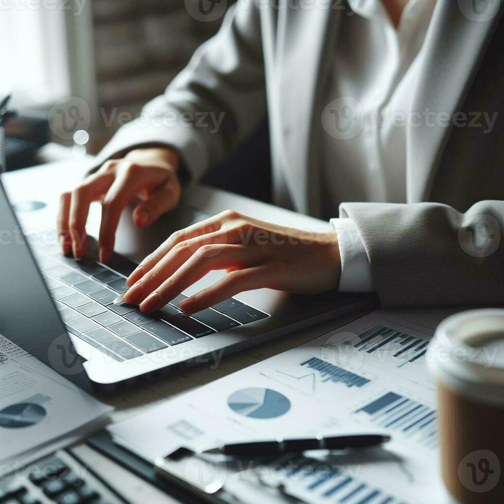 AI generated Closeup business woman hands typing on laptop computer keyboard to searching information and online working technology concept. Square image zide photo