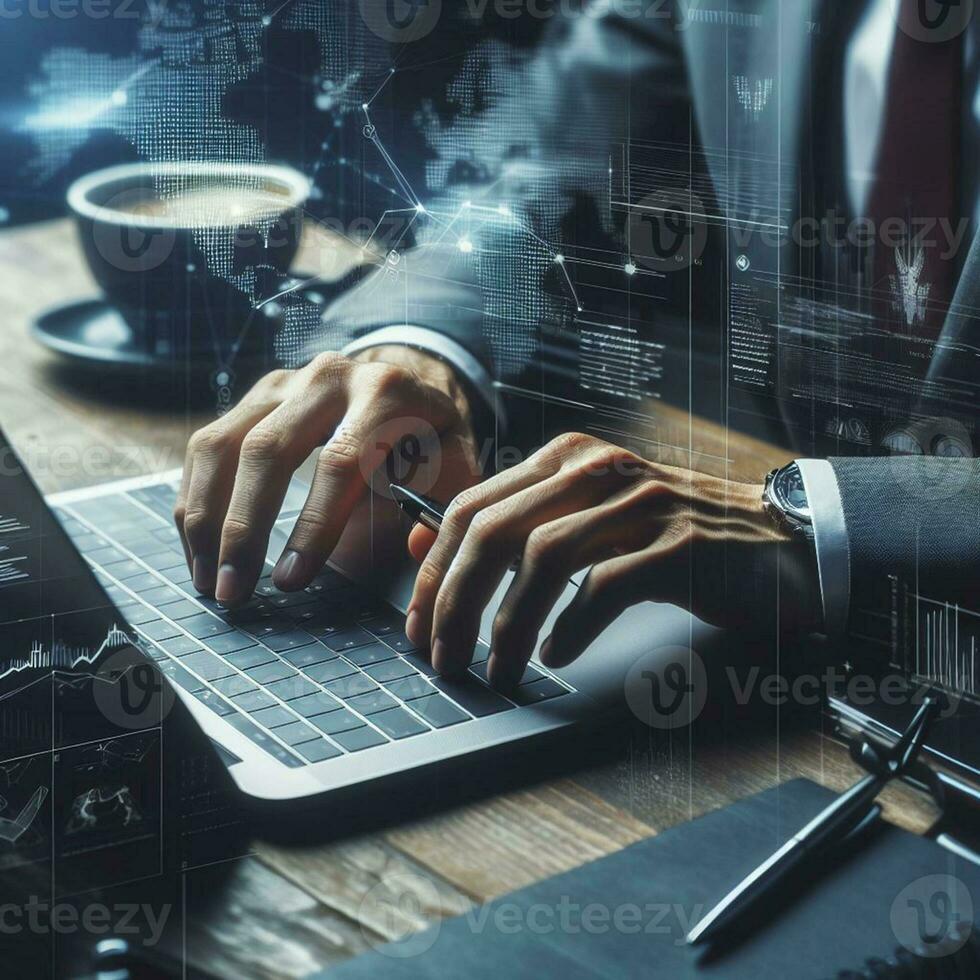 AI generated Closeup business man hands typing on laptop computer keyboard to searching information and online working technology concept. Square image zide photo