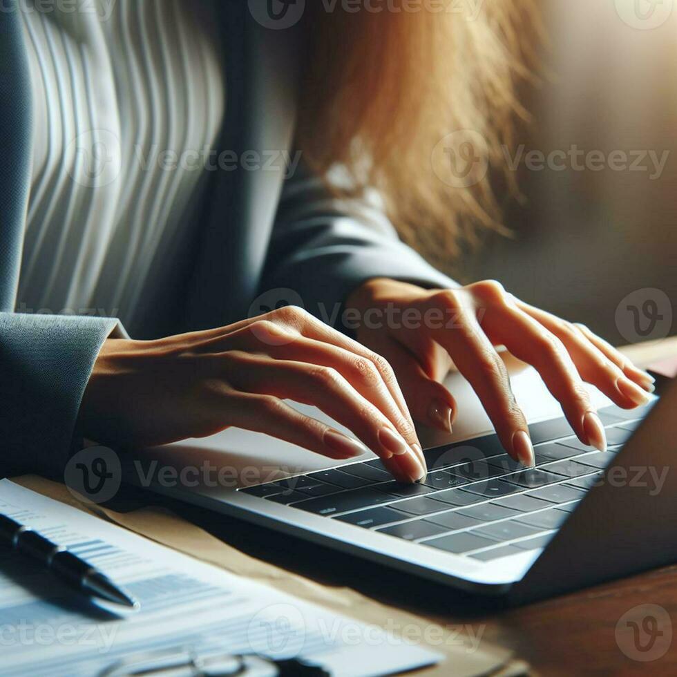 AI generated Closeup business woman hands typing on laptop computer keyboard to searching information and online working technology concept. Square image zide photo