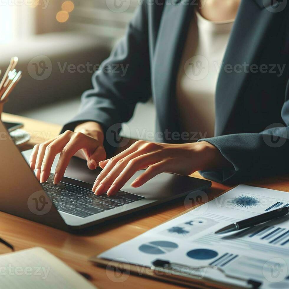 AI generated Closeup business woman hands typing on laptop computer keyboard to searching information and online working technology concept. Square image zide photo