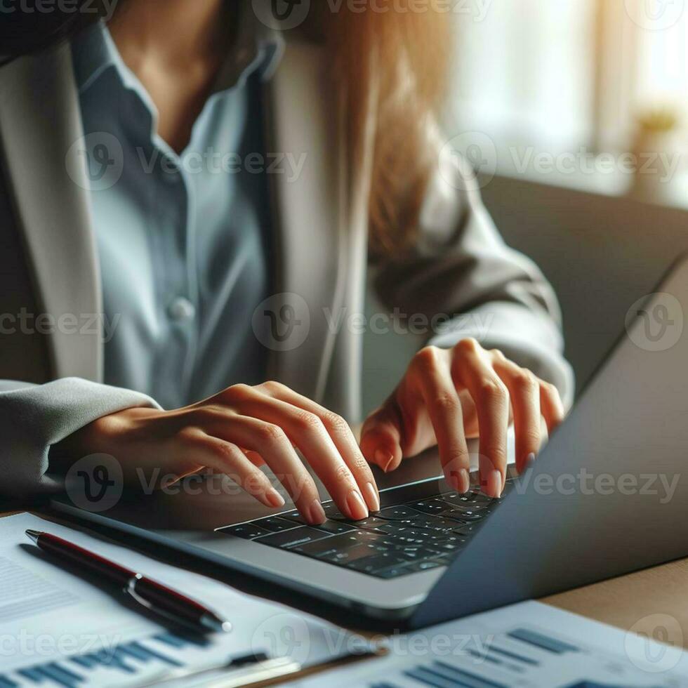 AI generated Closeup business woman hands typing on laptop computer keyboard to searching information and online working technology concept. Square image zide photo