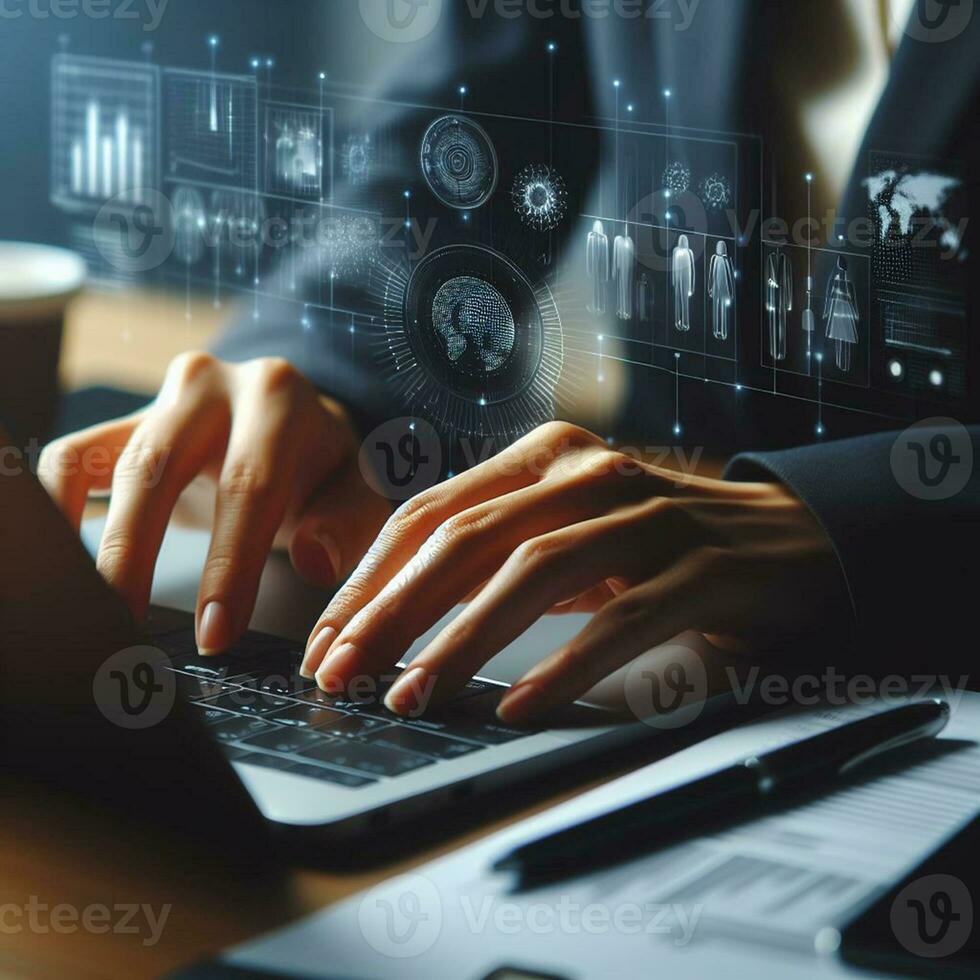 AI generated Closeup business man hands typing on laptop computer keyboard to searching information and online working technology concept. Square image zide photo