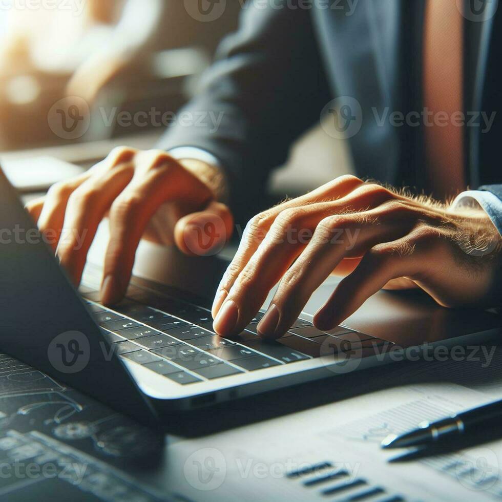 AI generated Closeup business man hands typing on laptop computer keyboard to searching information and online working technology concept. Square image zide photo