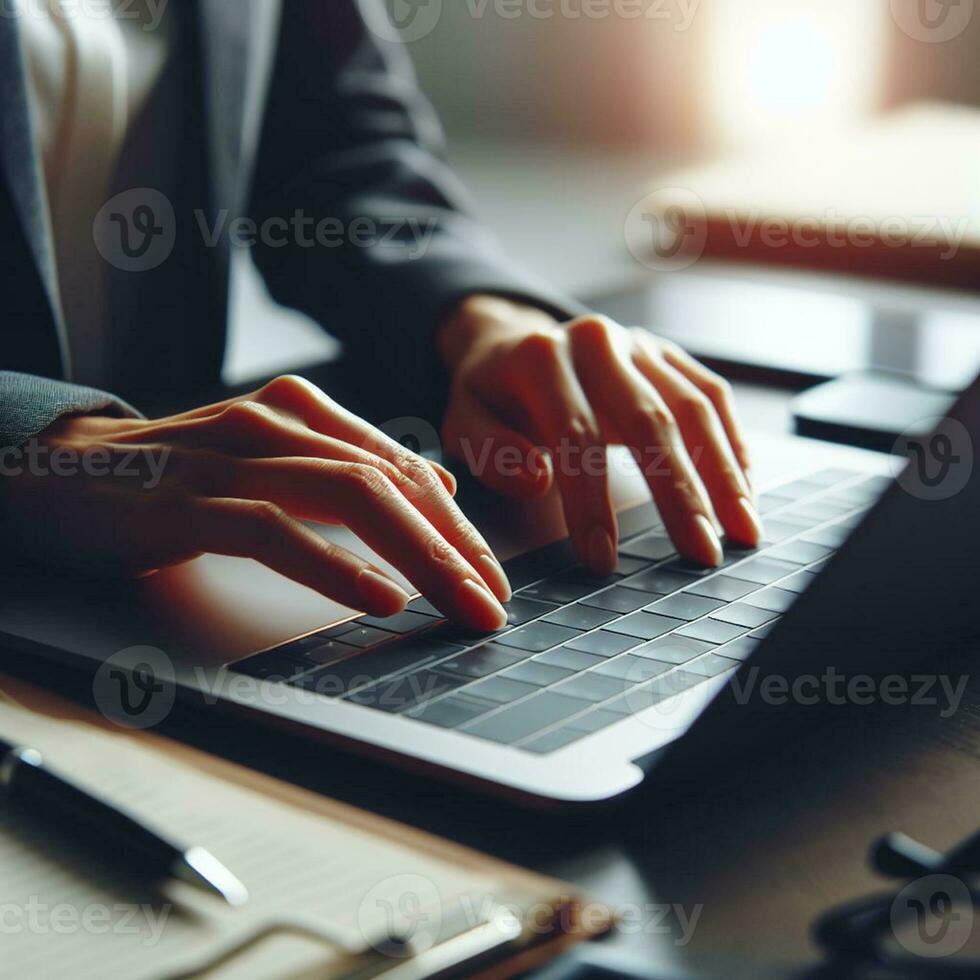 AI generated Closeup business woman hands typing on laptop computer keyboard to searching information and online working technology concept. Square image zide photo