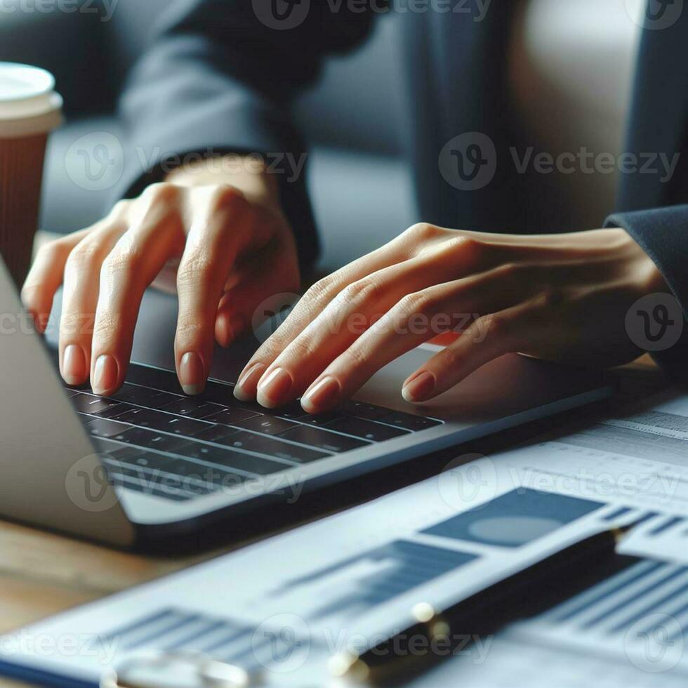 AI generated Closeup business woman hands typing on laptop computer keyboard to searching information and online working technology concept. Square image zide photo