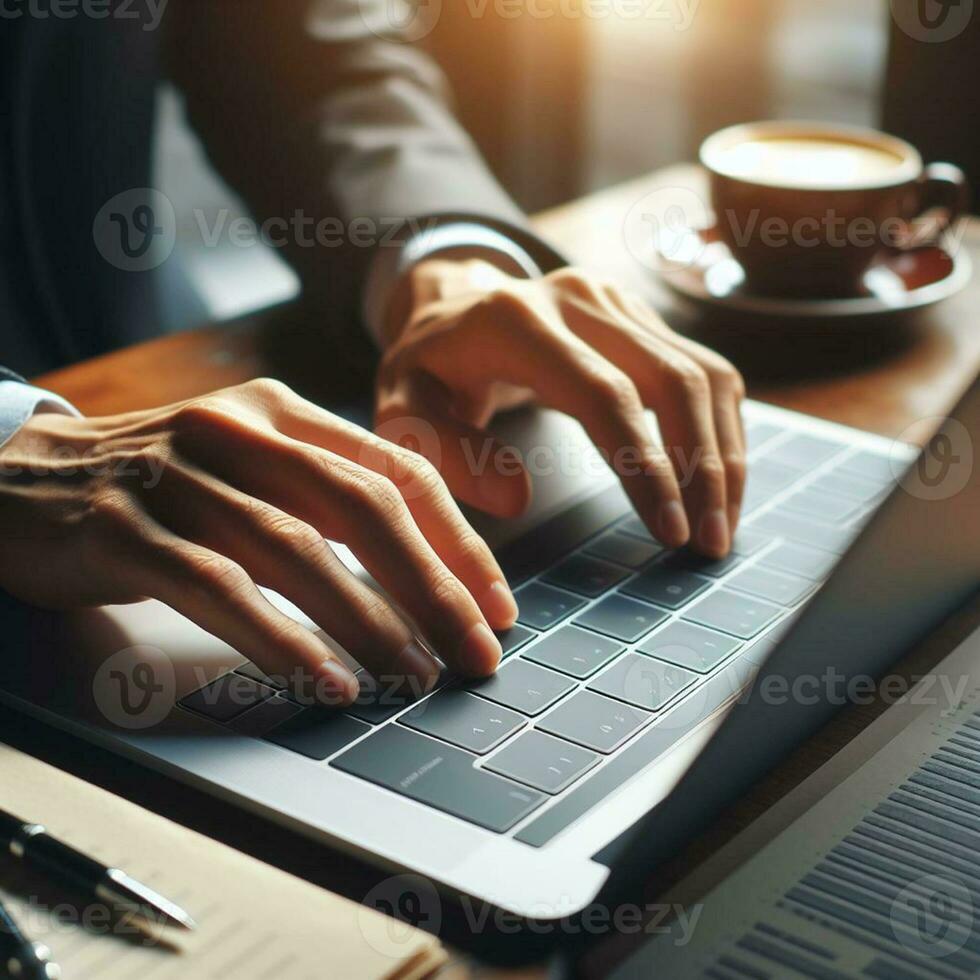 AI generated Closeup business man hands typing on laptop computer keyboard to searching information and online working technology concept. Square image zide photo