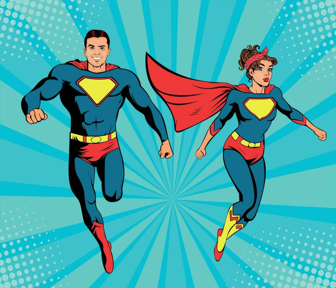 Male and female superheroes. Strong businessman and businesswoman. Success vector illustration in pop art retro comic style.