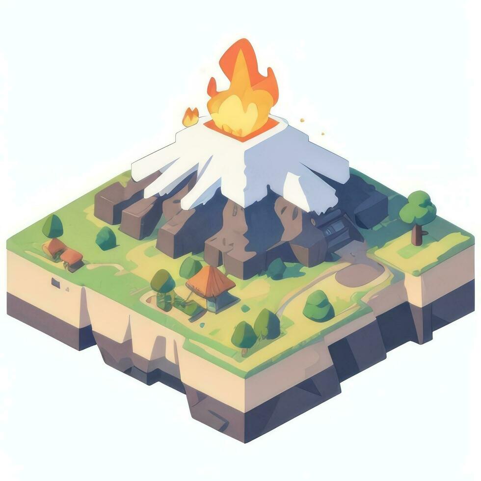 AI generated Isometric 3D Volcano on Island Icon Clip Art Sticker Decoration Simple Background photo